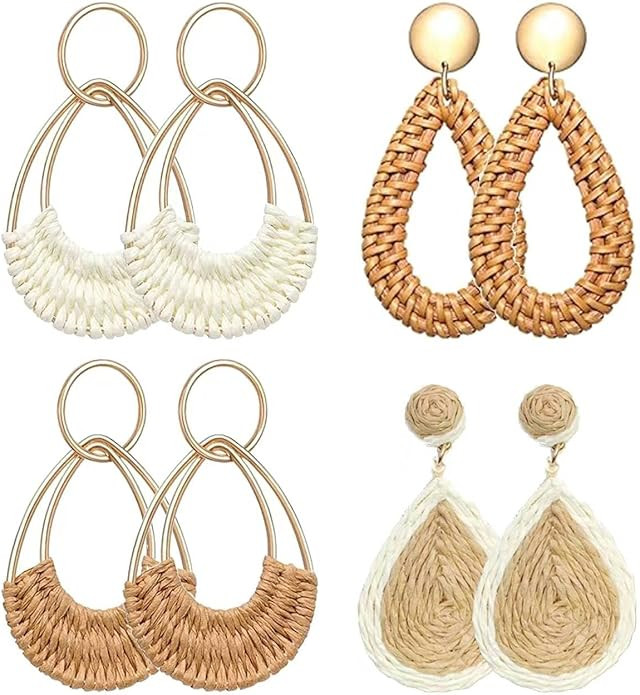 4 Pairs Handmade Raffia Rattan Bohemian Round Drop Dangle Earrings for Women, Boho Statement Cute... | Amazon (US)