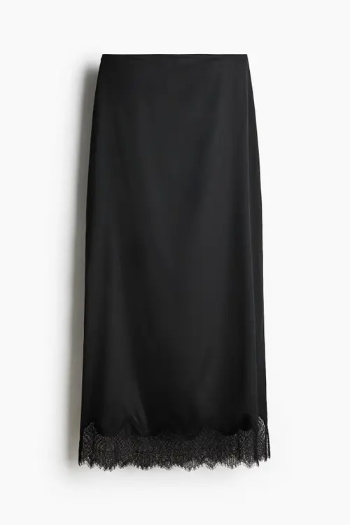 H&M Lace-trimmed Satin Skirt in Black at Nordstrom, Size 0 | Nordstrom