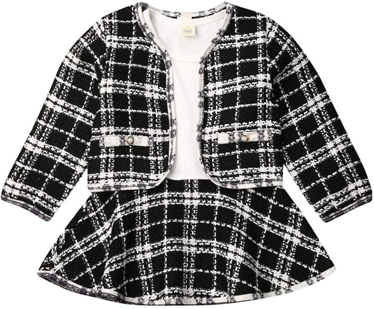 Toddler Baby Girl Plaid Skirt Set Long Sleeve Jacket Coat Tops Party Dress Tutu Skirt Fall Outfit Cl | Amazon (US)