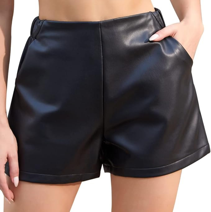 Everbellus High Waisted Faux Leather Shorts Womens Pockets Wide Leg Shorts | Amazon (US)