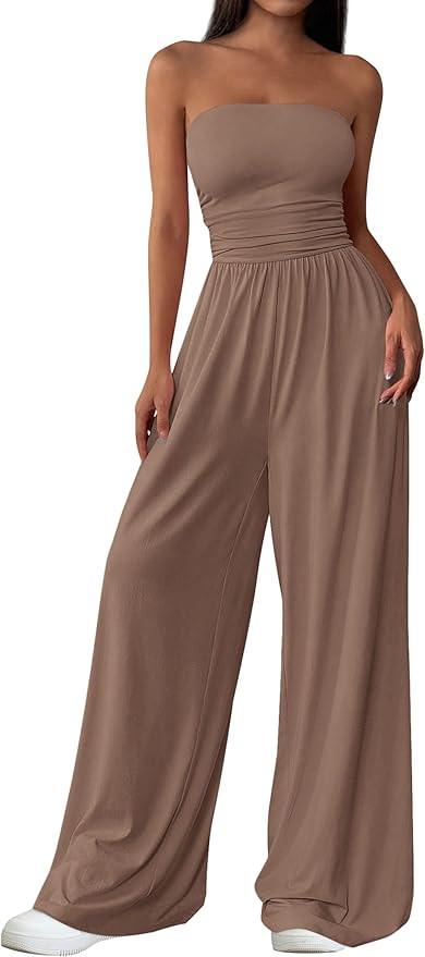 PRETTYGARDEN Womens Trendy Strapless Rompers 2026 Ruched Tube Top Wide Leg One Piece Jumpsuits Be... | Amazon (US)