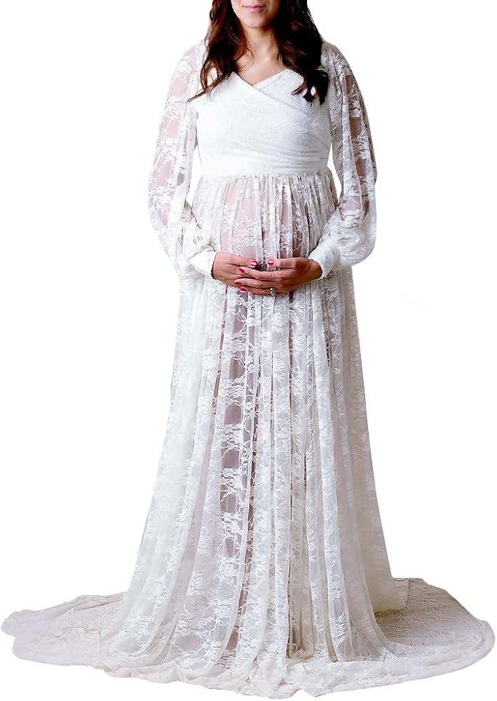 Lace Maternity Photoshoot Dress Long Sleeve Boho Maxi Gown Pregnancy Wrap Side Slit Photography for  | Amazon (US)