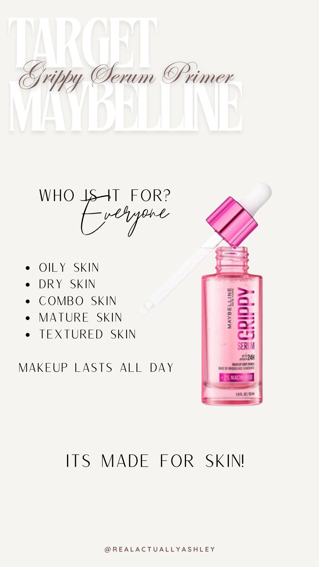 So many amazing products from Maybelline! 
The new Grippy Serum Primer is incredible and pairs beautifully with other cult-favorites from Maybelline 

#ad #MaybellinePartner #target #TargetPartner 
@target @maybelling 

