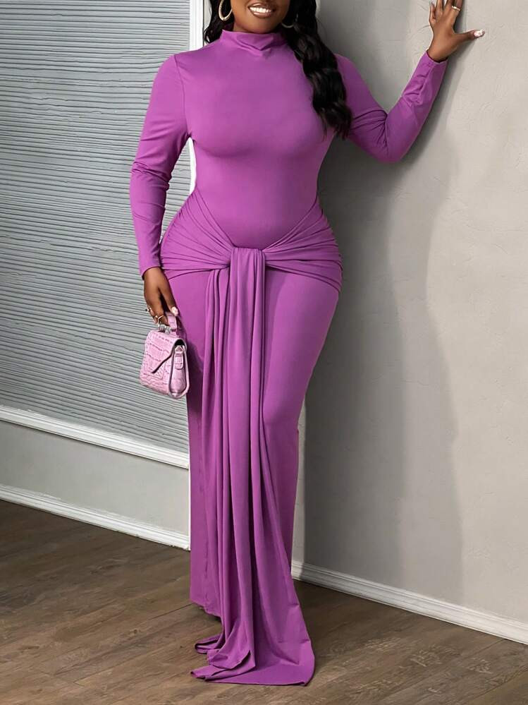 Slaydiva Plus Size Red Long Sleeve Dress With Extra Long Hemline, Elegant Graduation/Party Celebr... | SHEIN