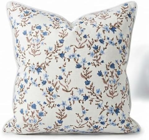 “The Lily” Floral Block Print Pillow Cover – Soft Blue and White Decorative Throw Pillow Co... | Amazon (US)
