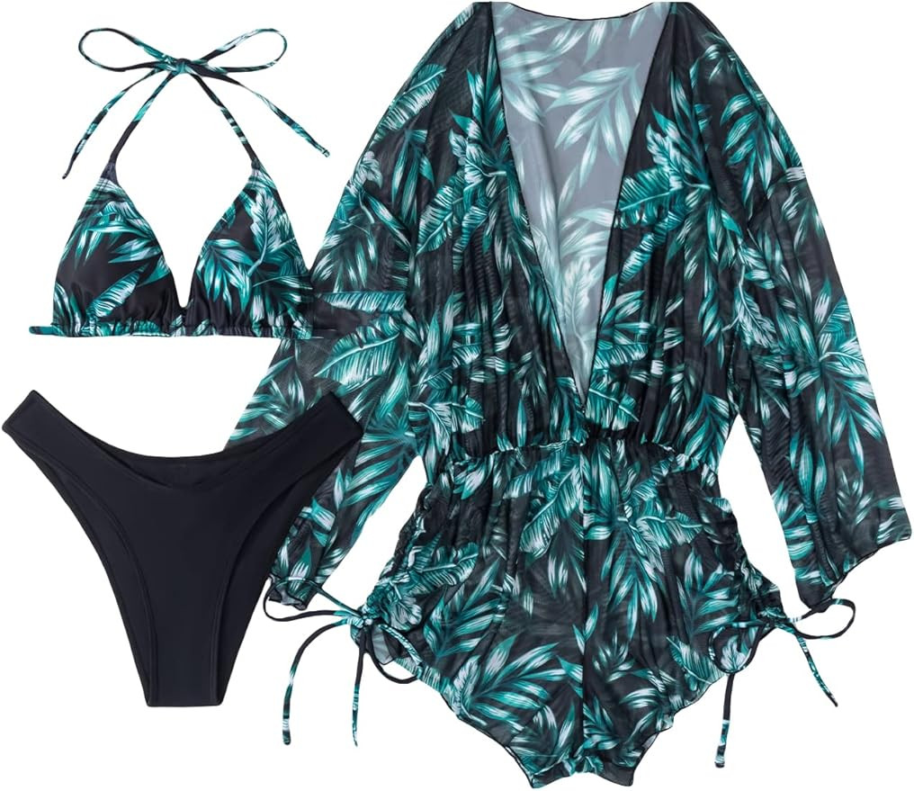 SHENHE Women's 3 Piece Swimsuit Leaf Print Halter Drawstring Side Bikini Set with Cover Up | Amazon (US)
