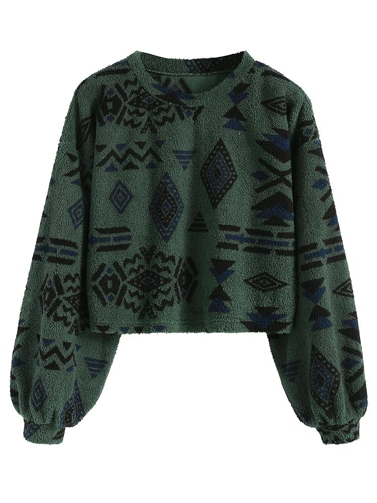 ZAFUL Women's Tribal Ethnic Graphic Cropped Knitwear Bohemian Long Sleeve Pullover Sweater Boho D... | Amazon (US)