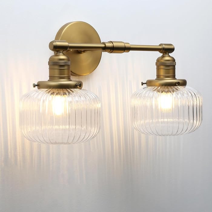 2-Lights Industrial Glass Wall Sconces, Antique Brass Clear Striped Globe Shade Wall Light Fixtur... | Amazon (US)