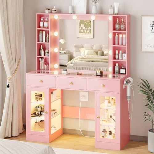 HUANLEGO Pink Vanity Desk with Mirror and Lights, Glass Top Vanity with Lighted Mirror & RGB Glass Cabinet and 3 Drawers, Makeup Vanity Desk with Lights Dressing Table for Bedroom, 3 Color Modes | Amazon (US)