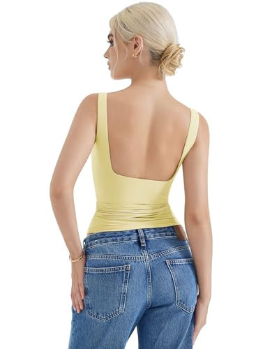 SUUKSESS Women Open Back Boat Neck Tank Tops Double Lined Backless Y2K Going Out Top Basic Shirt (Butter Yellow,M) | Amazon (US)