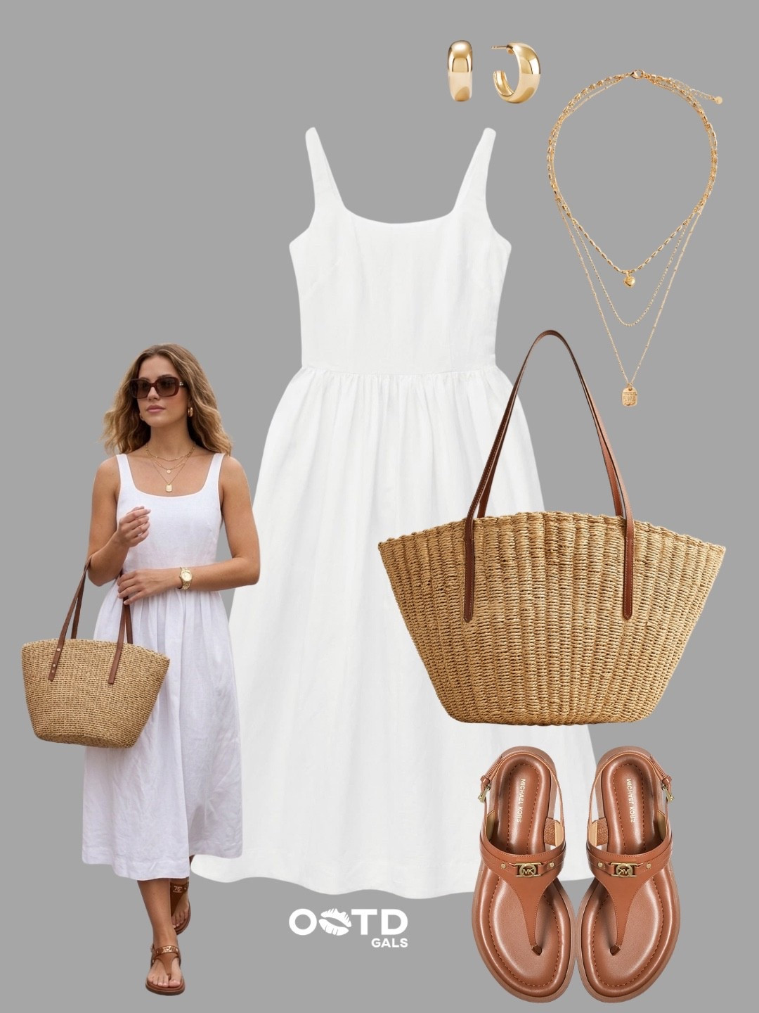 Nothing says effortless summer elegance quite like a crisp white dress paired with natural woven accessories ☀️🤍

This look is timeless, feminine, and perfect for warm sunny days.

✨ Style Details:
• White midi sundress with a flattering flowy silhouette  
• Woven straw tote adding texture and a relaxed coastal feel  
• Tan leather sandals for a classic and comfortable finish  
• Layered gold necklaces creating a delicate elevated touch  
• Gold hoop earrings and oversized sunglasses for polished sophistication  
• Warm tan accessories beautifully complementing the fresh white dress  

The combination of bright white, natural raffia, and caramel leather tones creates an outfit that feels chic, fresh, and vacation-ready all season long 🌾✨

Perfect for beach vacations, brunch dates, sightseeing, resort wear, or everyday summer elegance.

#LTKstyletip #LTKspring #LTKshoes