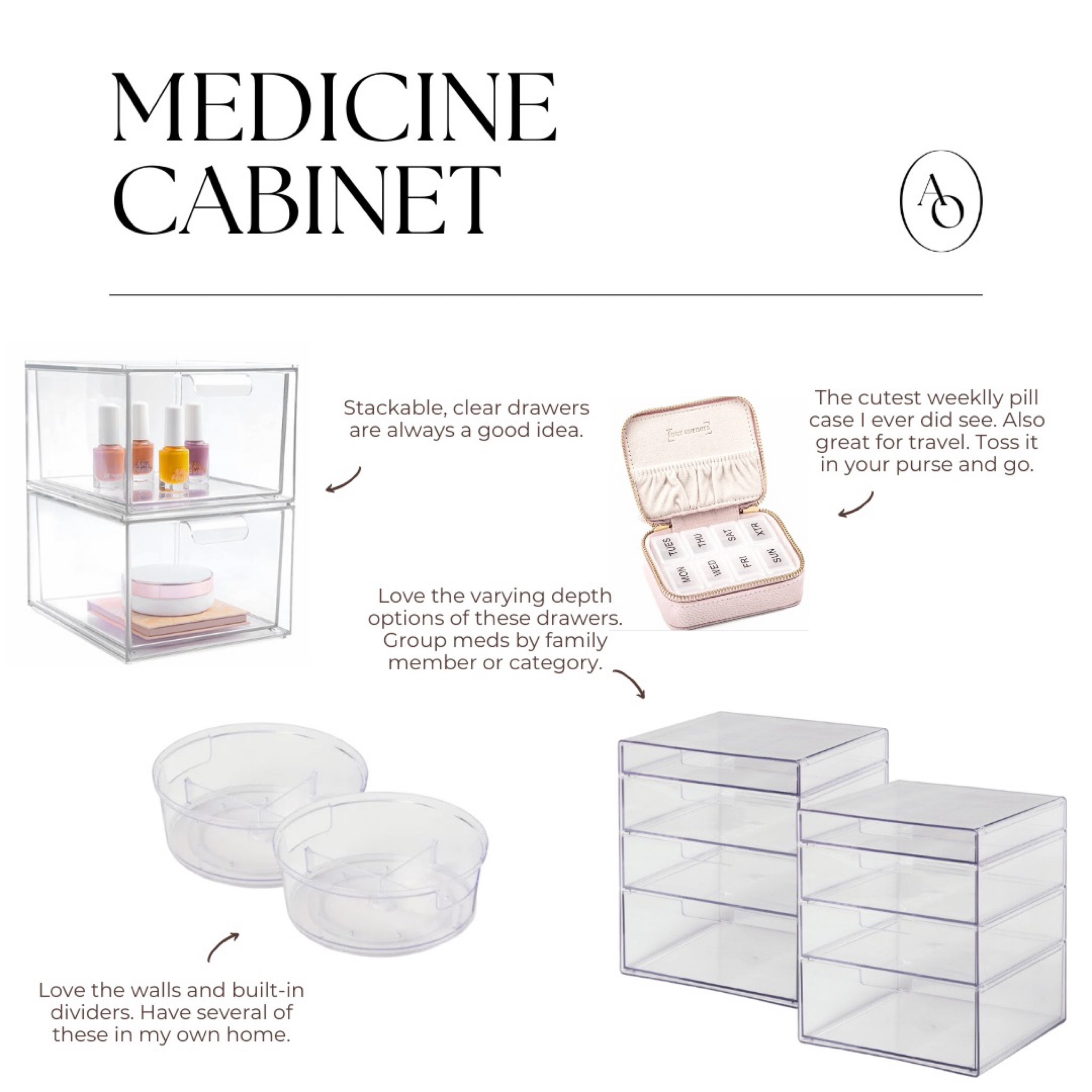 💊 Medicine Cabinet! Day 18 of the #aullorganizedchallenge. Got 20 minutes? Let’s go! 🏃🏻‍♀️

1. Have a 🗑 nearby. You might want some baggies and a Sharpie, too!

2. Empty the entire cabinet/container. You want to see everything you have.

3. Make your categories:

▪️Cold/Flu
▪️Tummy Troubles
▪️Allergies
▪️Pain Relief
▪️Kid Meds
▪️First Aid/Band-Aids

4. 👀 at expirations. Toss loose pills, or grab a baggie to contain foil pill packs that no longer have a box. (This also saves on space.)

5. Put everything back! You did it -- you ready for the next medical emergency.🙌🏼

6. Not loving your current storage situation? Lazy Susans are great to keep items upright.

👉🏼Look at today's Favorite Product post for ideas. 💡

⭐️ Extra Credit! Post your picture of today's challenge to your stories and tag @aullorganized and use #aullorganizedchallenge to connect with the community!

#LTKfamily #LTKhome #LTKbeauty