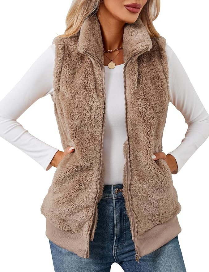 LOMON Womens Fuzzy Fleece Vest, Casual Warm Sleeveless Zip Up Sherpa Vest Jacket with Pockets for... | Amazon (US)