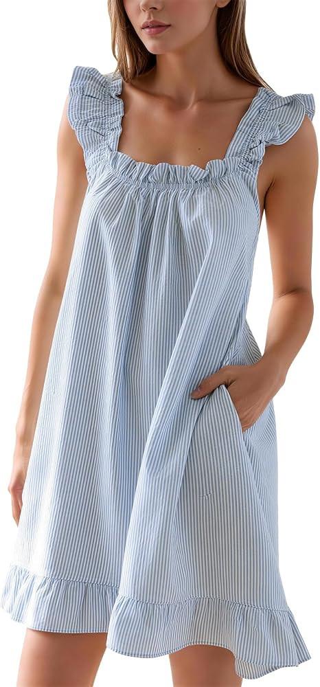 Flygo Nightgowns for Women Cotton Ruffle Sleepwear House Dresses Striped Sleeveless Night Gown Sl... | Amazon (US)