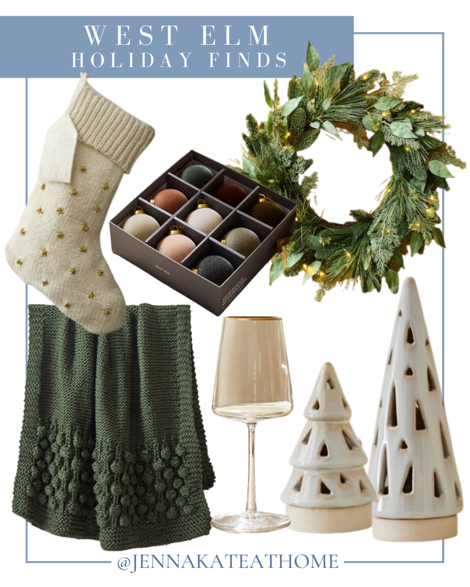 Green and cream, neutral, Christmas decorations from West Elm, including stockings, throw blankets, light up, wreath, earthtone bulbs, and gold rimmed wine glasses. Christmas decor. 

#LTKHoliday #LTKhome #LTKSeasonal