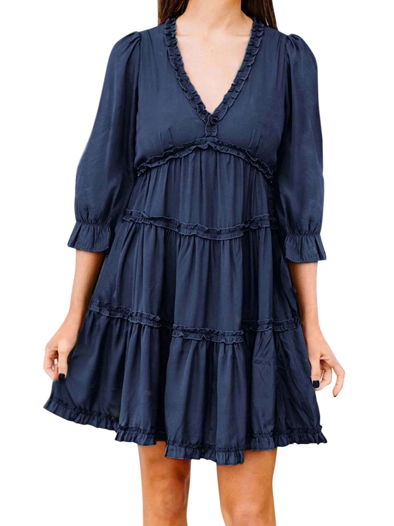 LilyLLL Women Casual 3/4 Sleeve V Neck Ruffled Mini Dress Summer Holiday Sundress | Walmart (US)