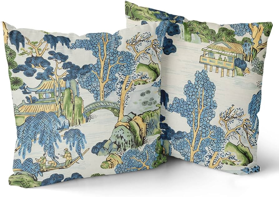 Chinoiserie Pillow Cover Set of 2 18x18 Inch Asian Scenic Blue and Green Cotton Polyester Decorat... | Amazon (US)