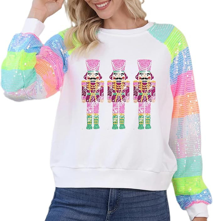 Amiblvowa Women Sequin Christmas Sweatshirt Nutcracker Santa Holiday Cute Graphic Sweater Crewnec... | Amazon (US)
