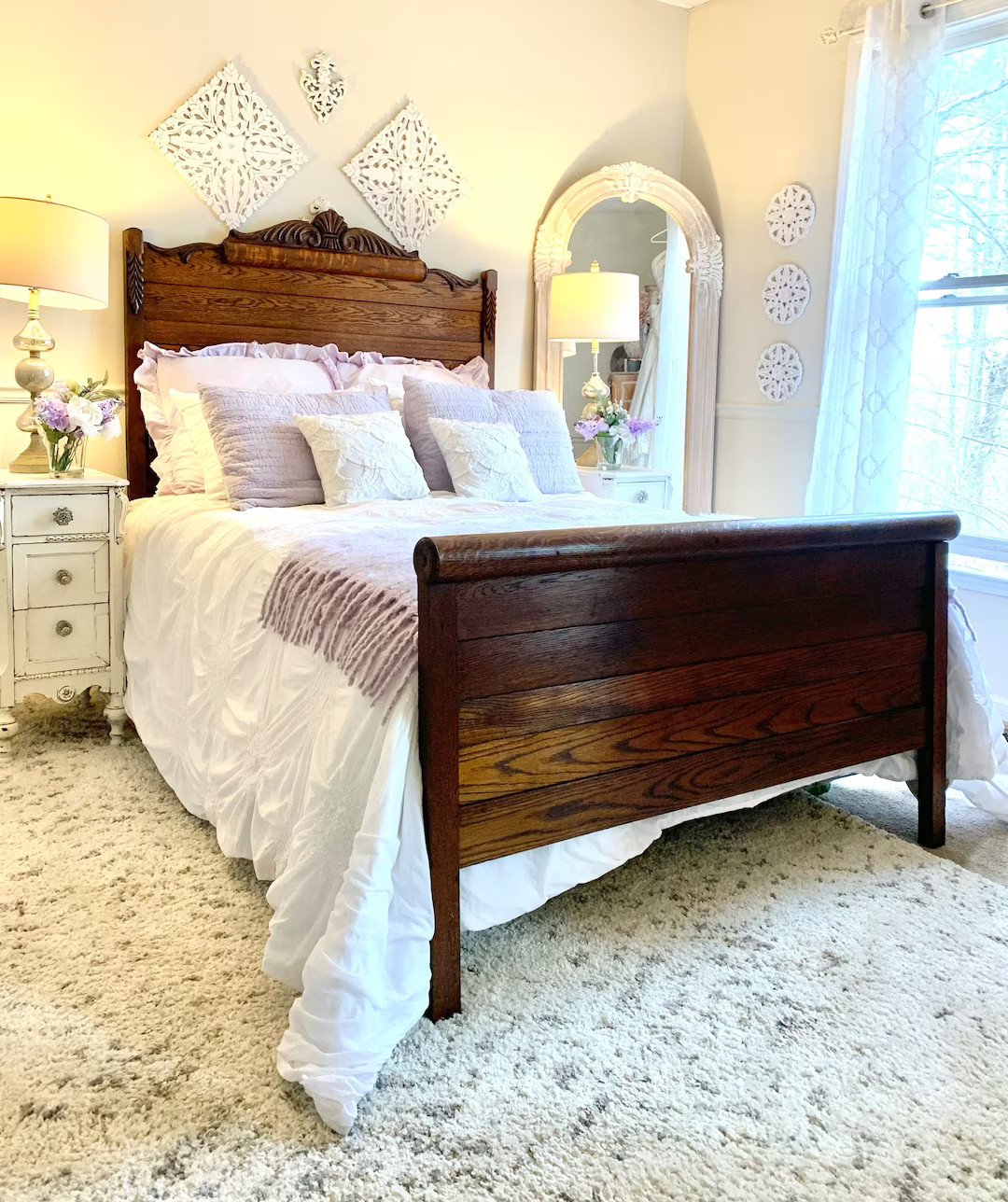 Antique Farmhouse French Country Queen Size Oak Farmhouse Rolled Top Bed Frame Fancy Ornate - Ets... | Etsy (US)