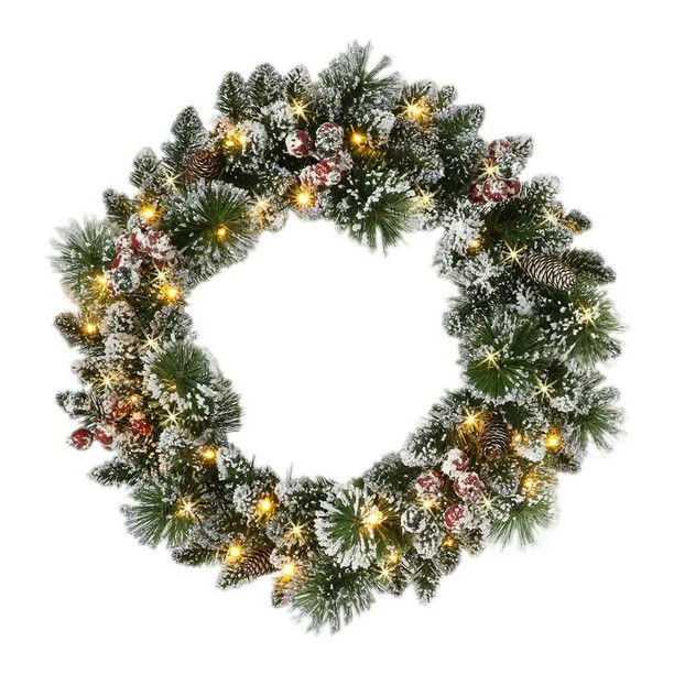 Holiday Time 24" Pre-lit Frosted Glittering Christmas Wreath, Green, 82 branch tips; LED lights | Walmart (CA)