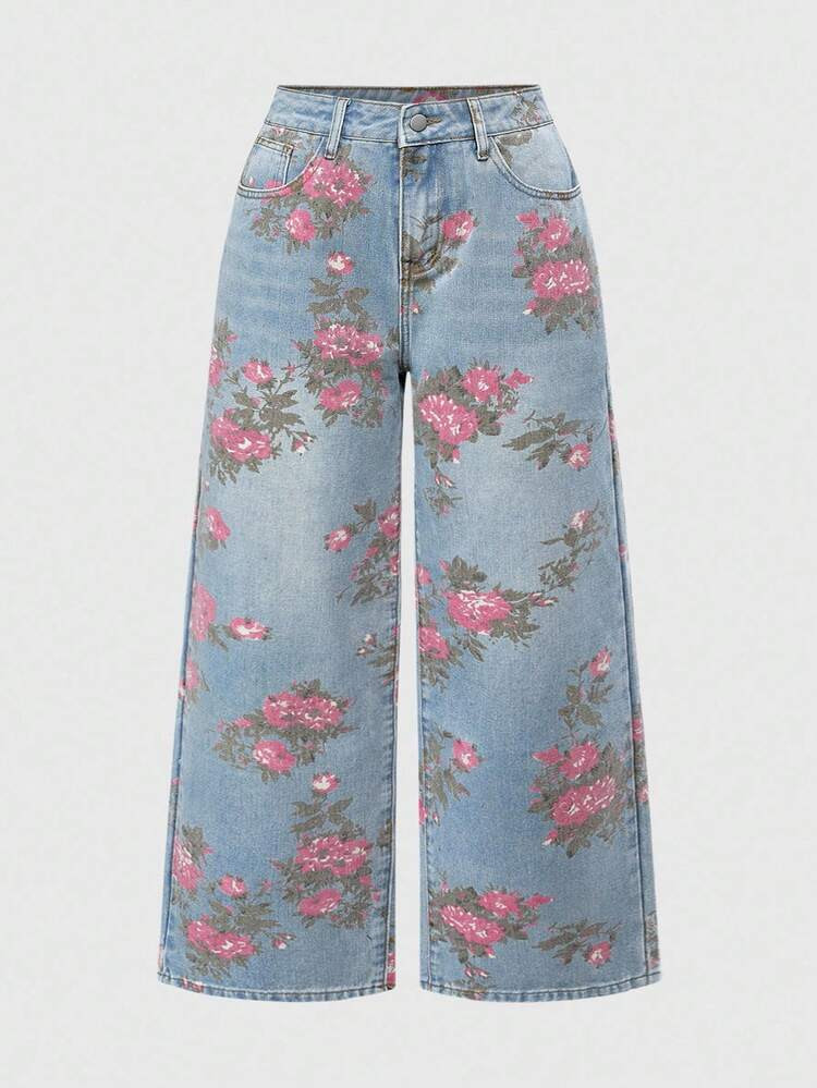 Fairycore Spring/Summer Vintage Floral Print Washed Plus Size Women Loose Wide Leg Jeans | SHEIN