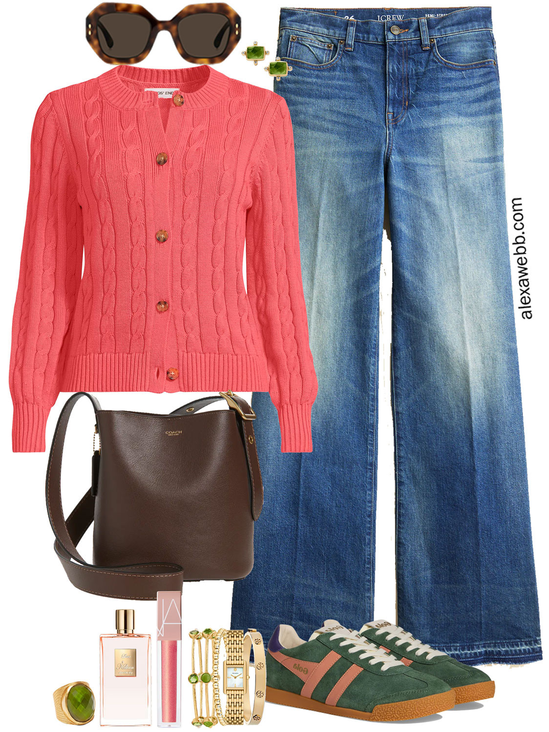 Plus Size Coral Cardigan Outfits - Two plus size casual outfit ideas for winter into spring with a bright coral cable knit cardigan. This beautiful bright coral cardigan is paired with wide leg jeans. Add some olive green sneakers, a brown bucket bag, and olive jewelry. So cute! Alexa Webb 

 #LTKOver40 #LTKMidsize #LTKPlusSize