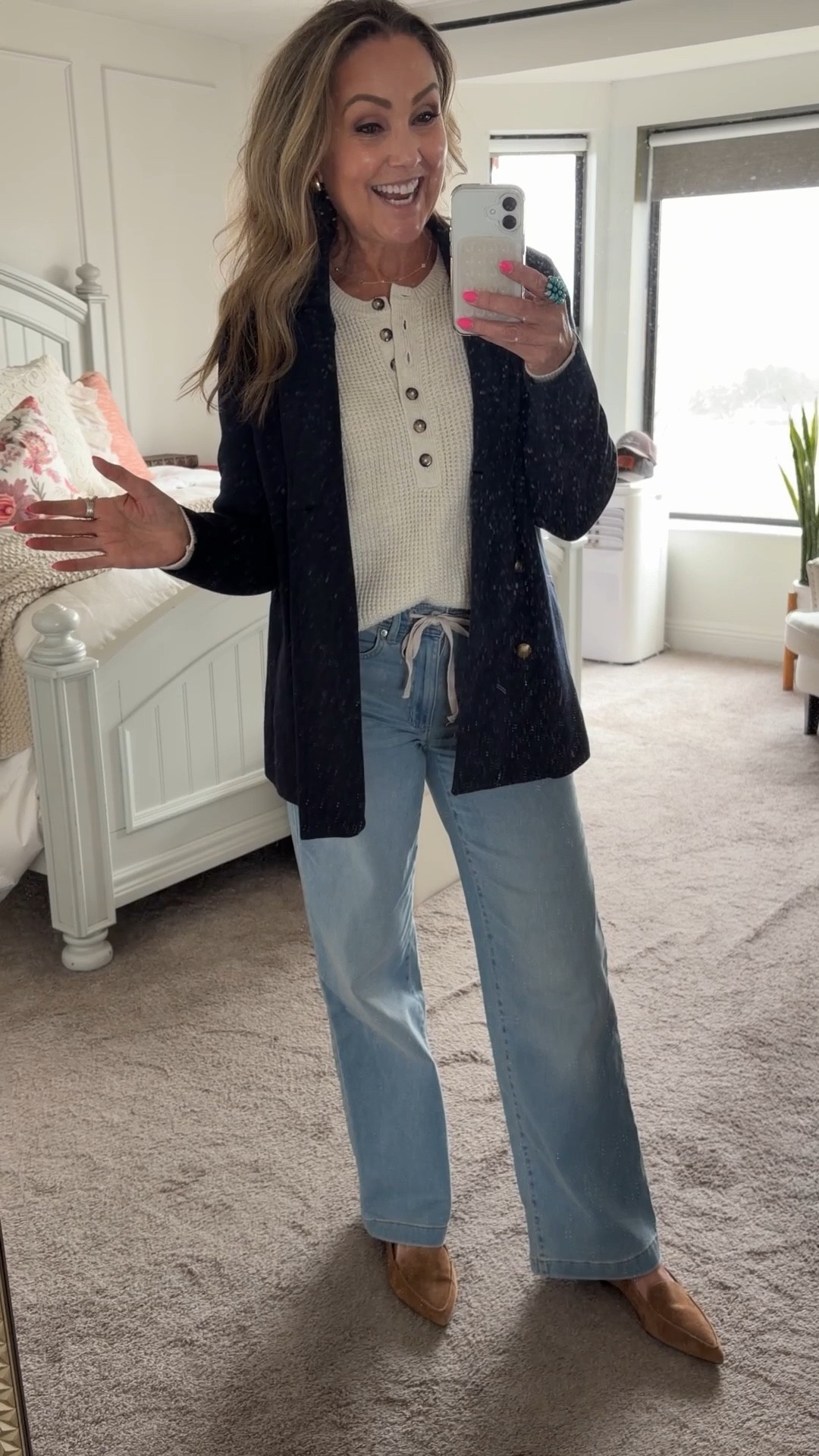 Head to toe J Jill!

Waffle knit Henley sweater wearing size S

Double breasted blazer in navy wearing size S

Wide leg tight waist jeans wearing size 6.

Camel colored pointy toe loafers

#WomenOver50 #ElevatedCasualOutfit #Workwear

#LTKootd #LTKWorkwear #LTKOver40