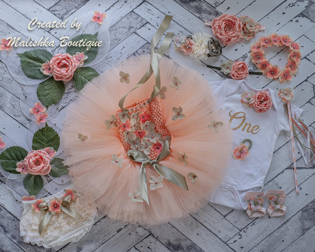 Fairy Peach Cake Smash Tutu Outfit, Tulle Flower Skirt, Sage Wings, Glitter One Bodysuit, Flower ... | Etsy (US)