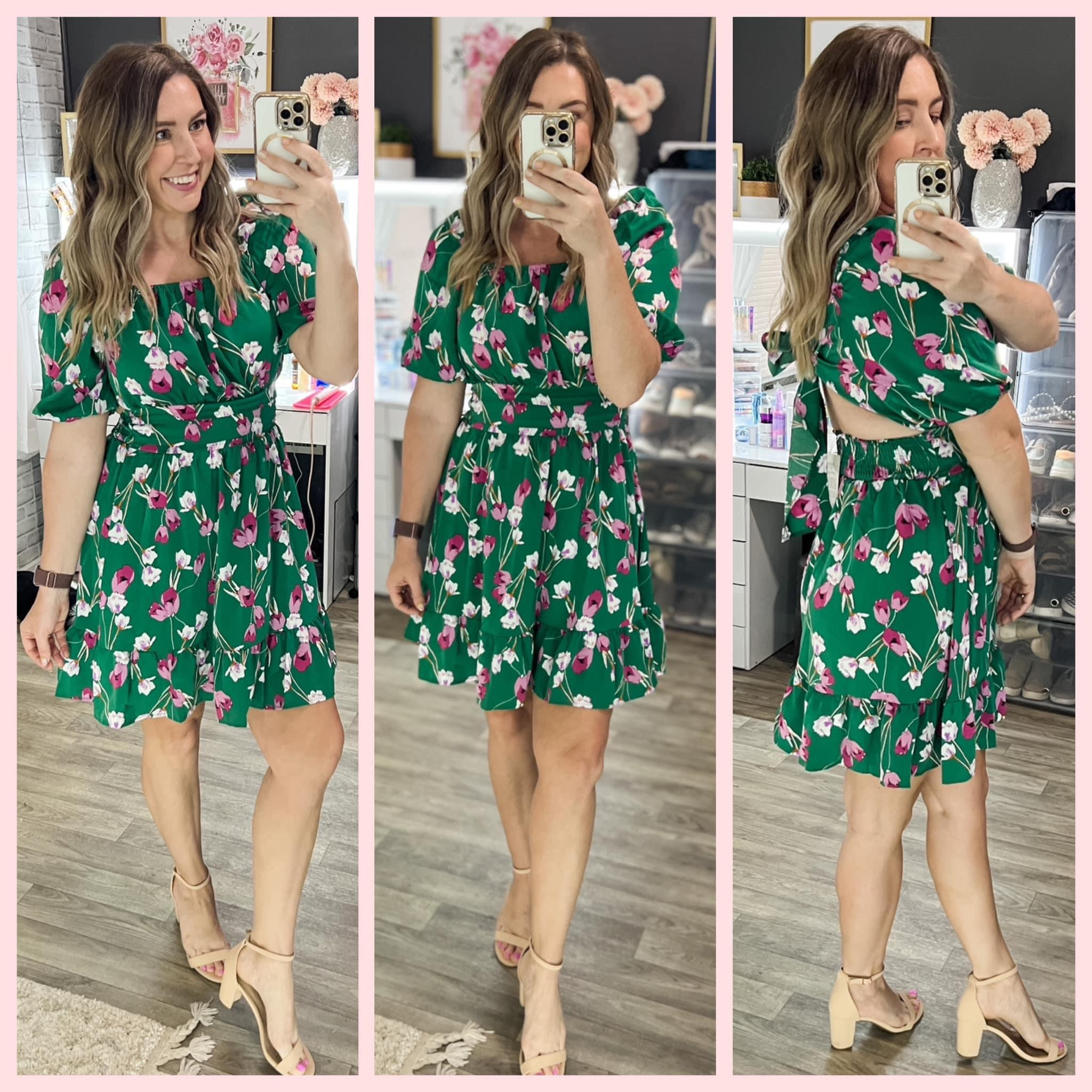 I couldn’t wait to get my hands on this dress! The green is SO pretty! It does have a cut out on the back, but I was still able to wear a normal bra with it without it being seen. True to size, I’m in the medium! On sale today for $15.99!! 