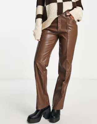 Stradivarius faux leather straight pants in brown | ASOS (Global)