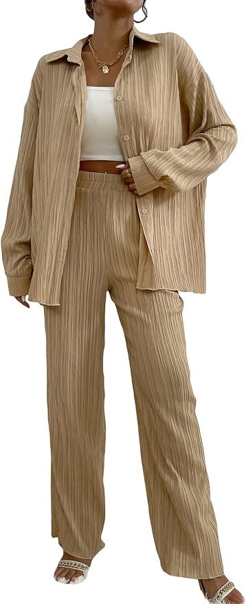 Floerns Women's 2 Piece Outfits Slit Hem Longline Blouse and Wide Leg Pants Set | Amazon (US)