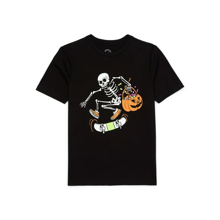 Wonder Nation Boys Halloween Skeleton Skater Short Sleeve Graphic T-Shirt, Sizes 4-18 and Husky | Walmart (US)