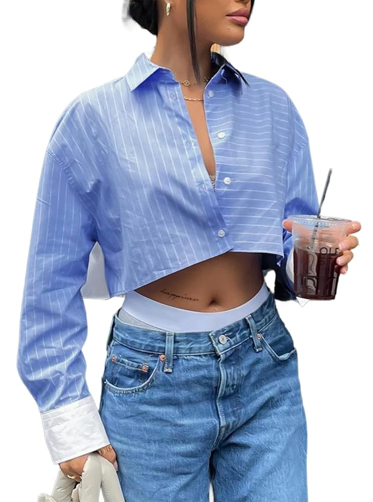 Remidoo Women's Asymmetrical Hem Long Sleeve Button Up Shirt Crop Top Blouse | Amazon (US)