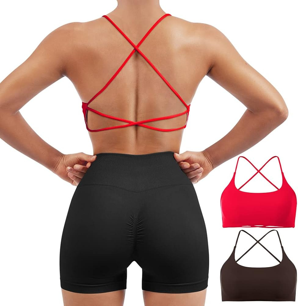 SUUKSESS Women 2 Piece Open Back Sports Bra Pack Strappy Workout Gym Yoga Crops | Amazon (US)