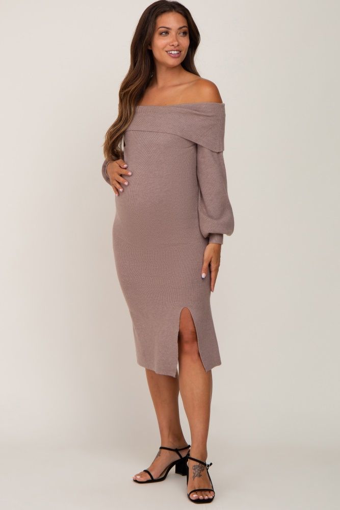 Mocha Off Shoulder Maternity Sweater Dress | PinkBlush Maternity