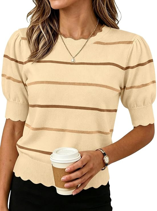 Womens Puff Short Sleeve Sweater Tops Scalloped Crewneck | Amazon (US)