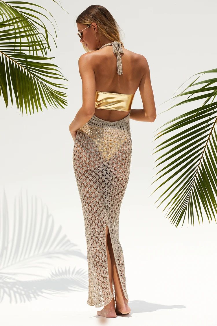 Shining Sands Gold Metallic Crochet Halter Maxi Swim Cover-Up | Lulus (US)
