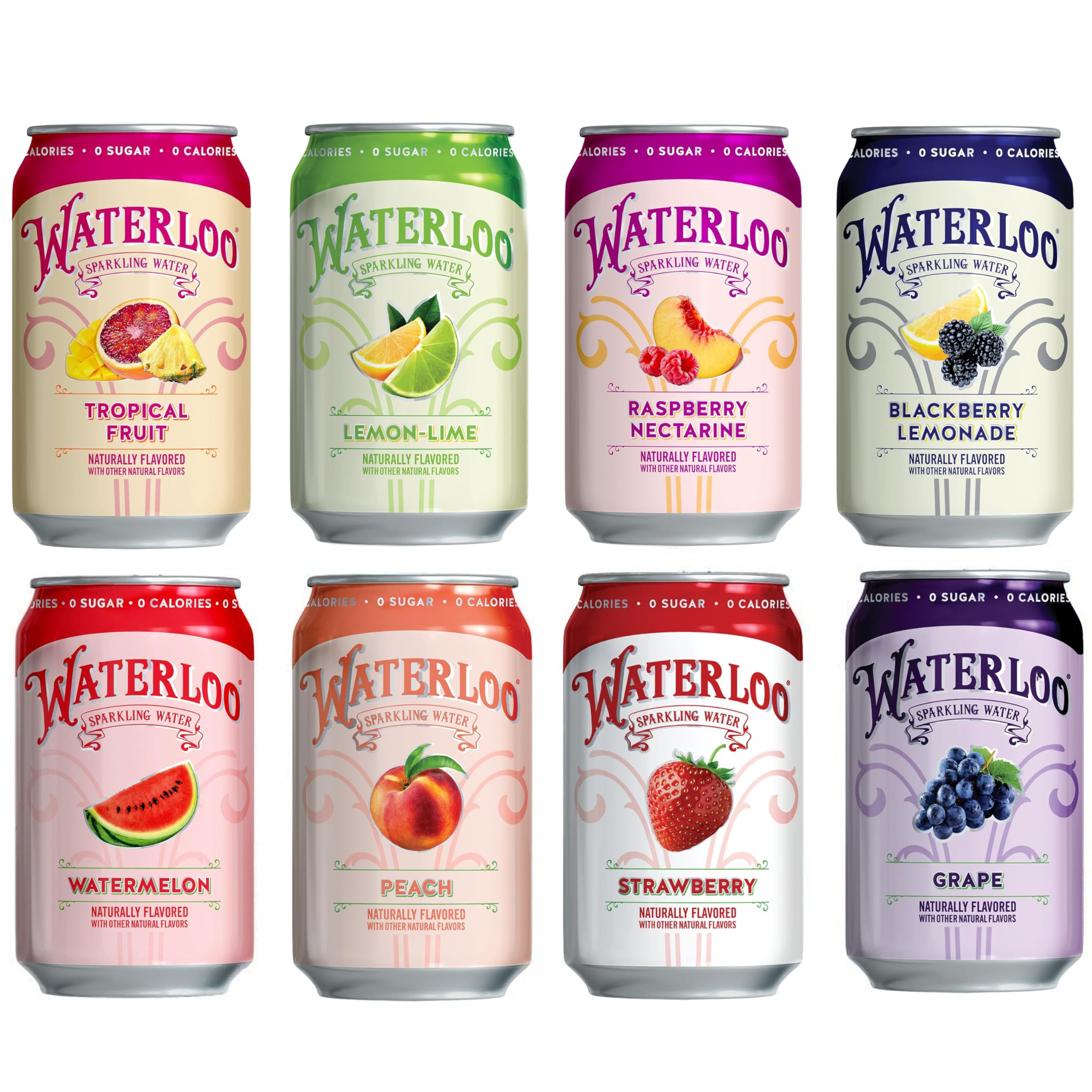 Waterloo Sparkling Fruit Flavored Water, Multi-Flavor Variety Pack | Zero Calorie | Zero Sugar | Zero Sodium | Zero Calories | Naturally flavored, 12 Fl Oz with Fitluv packaging (8 Flavor Variety, Pack of 24) | Amazon (US)