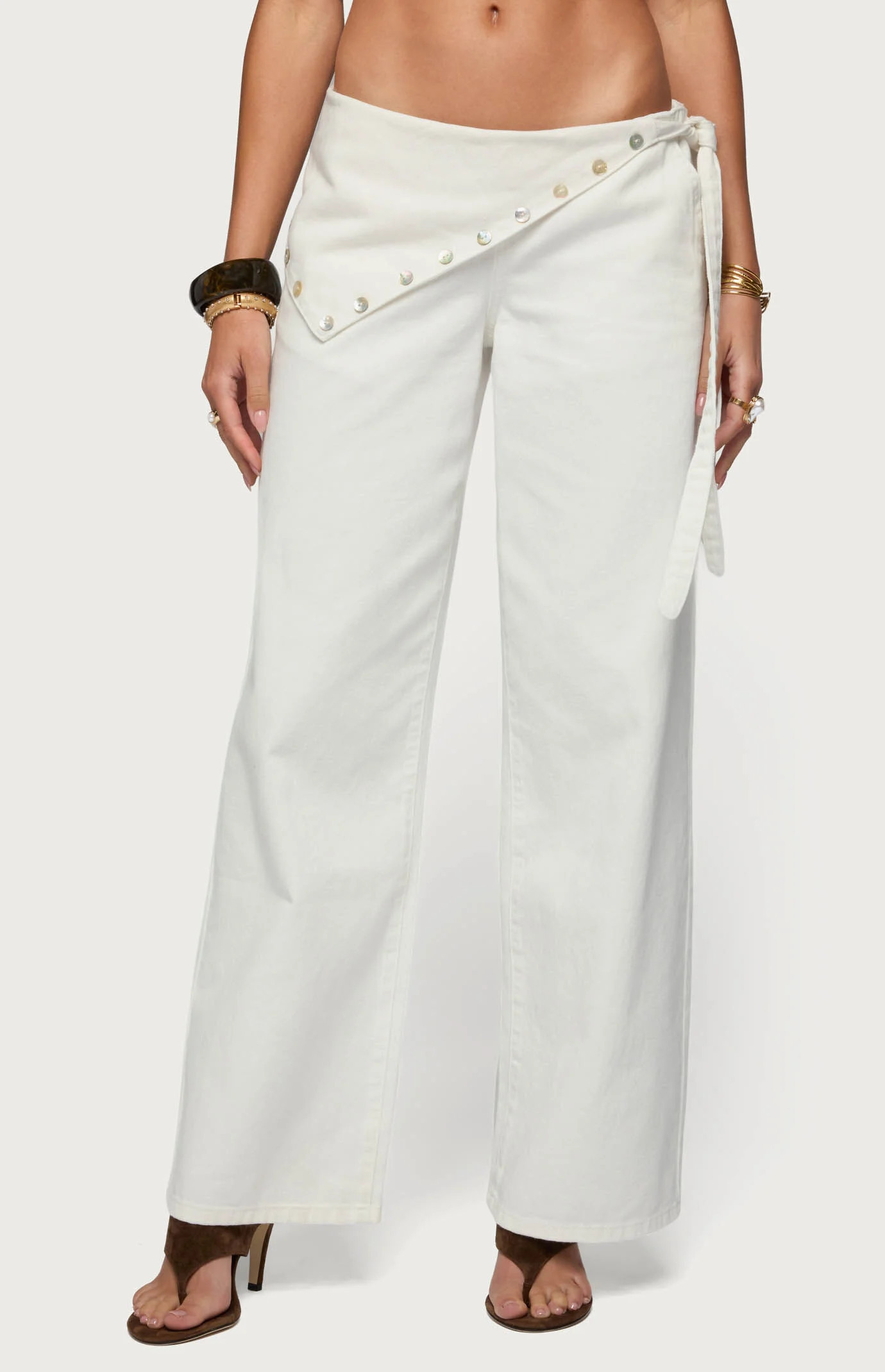 Edikted Women's Button Foldover Low Rise Baggy Jeans in Off White - Size Medium | PacSun