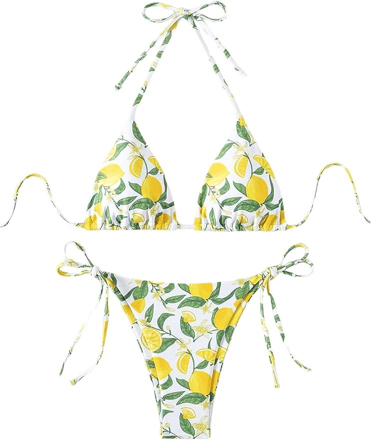 Women's 2 Piece Bikini Set Lemon Floral Print Halter Tie Backless Swimsuits Cute String Bathing S... | Amazon (US)