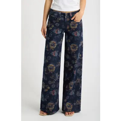 Fade Out Loud Floral Print Low Rise Wide Leg Jeans in Vintage Wash at Nordstrom, Size 28 | Nordstrom