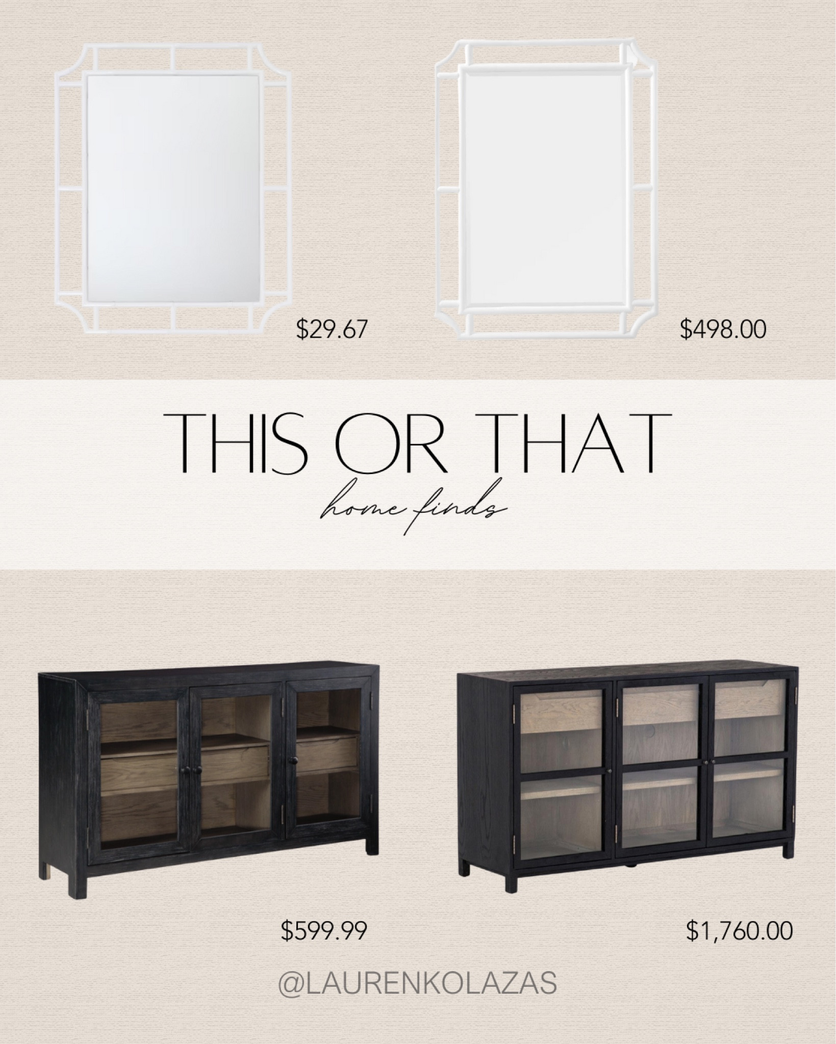 Save vs splurge! Find an affordable option for this white mirror and a black console cabinet!
#minimalistfurniture #lookforless #modernhome #livingroomfinds

#LTKhome #LTKstyletip #LTKGiftGuide