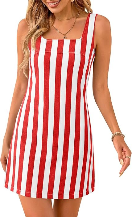 Cicy Bell Womens Summer Striped Denim Mini Dresses Square Neck Sleeveless Short Sundress Vacation... | Amazon (US)