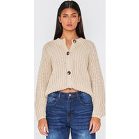 Beige Chunky Cable Knit Button Up Cardigan | PrettyLittleThing US