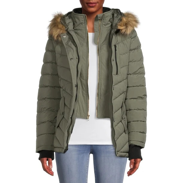 Swiss Tech Women's Bibbed Solarball Puffer Coat with Faux Fur Trimmed Hood - Walmart.com | Walmart (US)