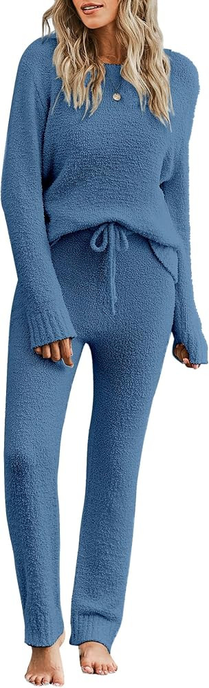 luvamia Women's Casual Pajama Set Fuzzy Fleece Knitted Long Sleeve Pj Loungewear | Amazon (US)