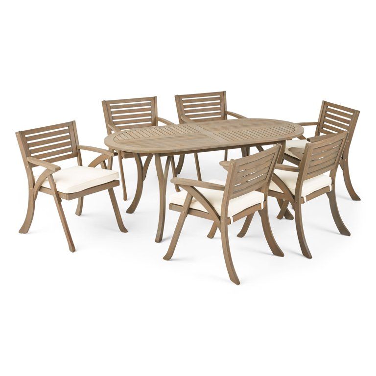 GDF Studio Zhana Outdoor Acacia Wood 7 Piece Dining Set with Cushion, Gray and Cream | Walmart (US)
