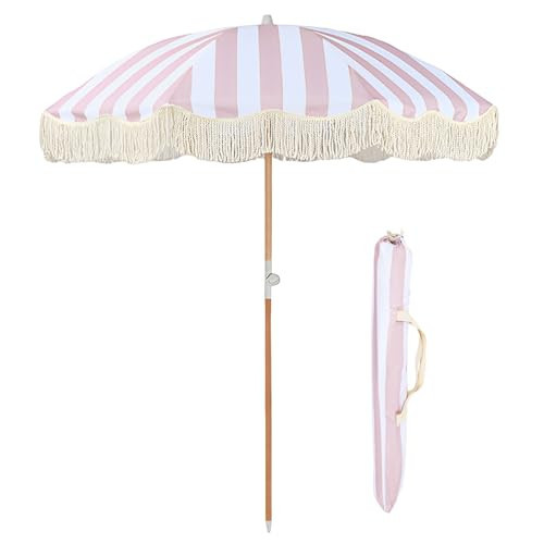 6ft Pink Striped Patio Umbrella with Fringe Boho Outdoor Tassel Umbrella Tilt Portable Beach Umbrella For Travel With Carry Bag UV Protection Heavy Duty Table Umbrella For Outside Holiday Garden Pool | Amazon (US)
