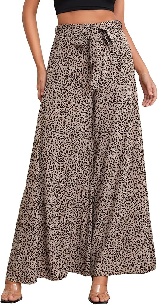 Verdusa Women's Leopard Print High Waist Belted Wide Leg Pants Loose Palazzo | Amazon (US)