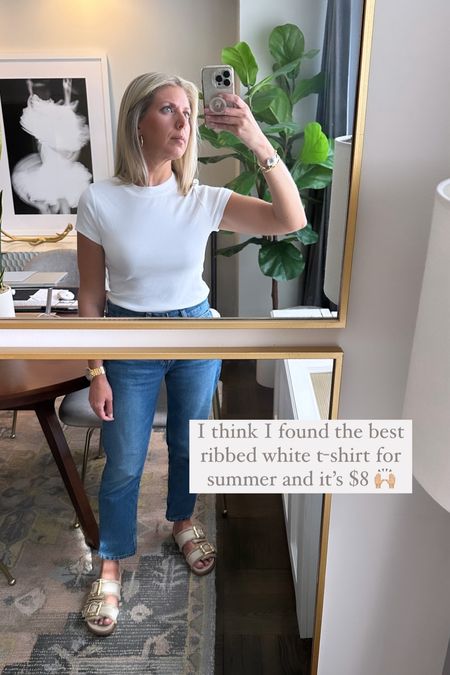 Just delivered…the best ribbed white tee shirt I own - thin enough for summer but thick enough that it’s not see through!  And it’s only $8!

Outfit 
Summer
Spring
Basics
Jeans
Denim
Linen Sandals
Gold
Neutrals
T-shirt
Jewelry
Diamond bracelet bangle

#LTKOver40 #LTKFindsUnder50 #LTKStyleTip